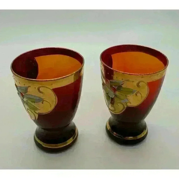 MCM Vintage Cranberry Shot Glasses set of Two Hand Painted Gold Band Beautiful - Picture 5 of 10